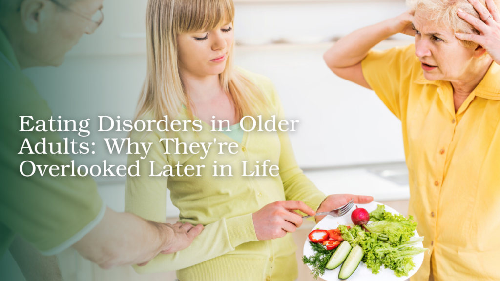 Older woman sitting at a table with family during a meal, illustrating eating disorder concerns in later life