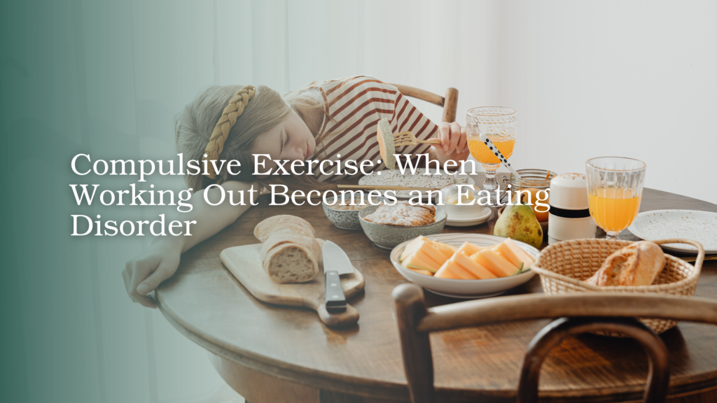 Young woman resting during a meal in a scene representing compulsive exercise and eating concerns