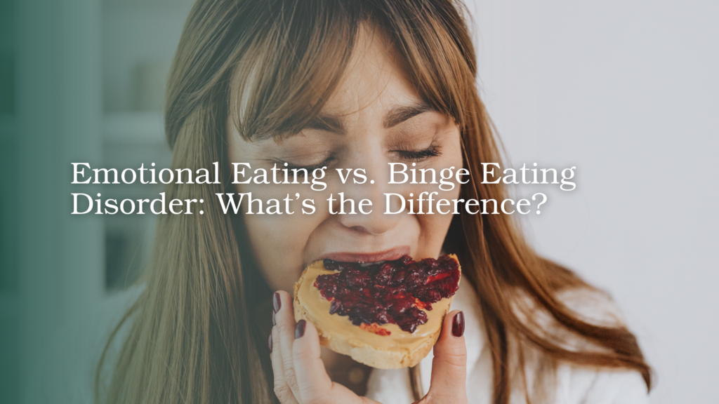 Woman eating toast while comparing emotional eating and binge eating disorder