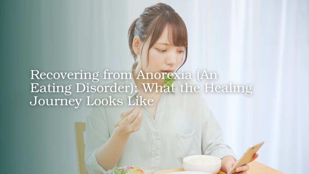 Woman eating a meal while using her phone during eating disorder recovery