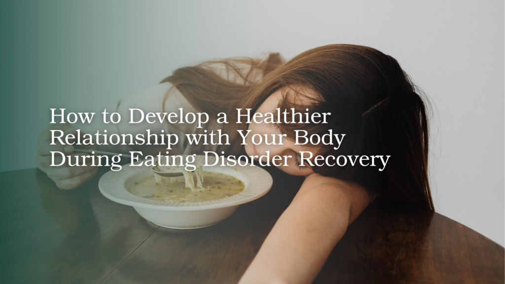 Woman struggling with her body image while sitting beside a bowl of food during eating disorder recovery