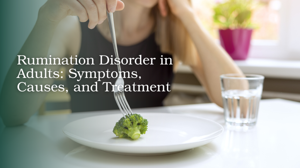 Woman holding a fork over a plate with a small piece of broccoli, illustrating eating-related difficulties.