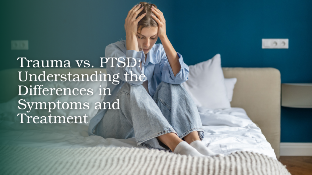 Woman experiencing emotional distress while sitting on a bed, illustrating trauma and PTSD symptoms.