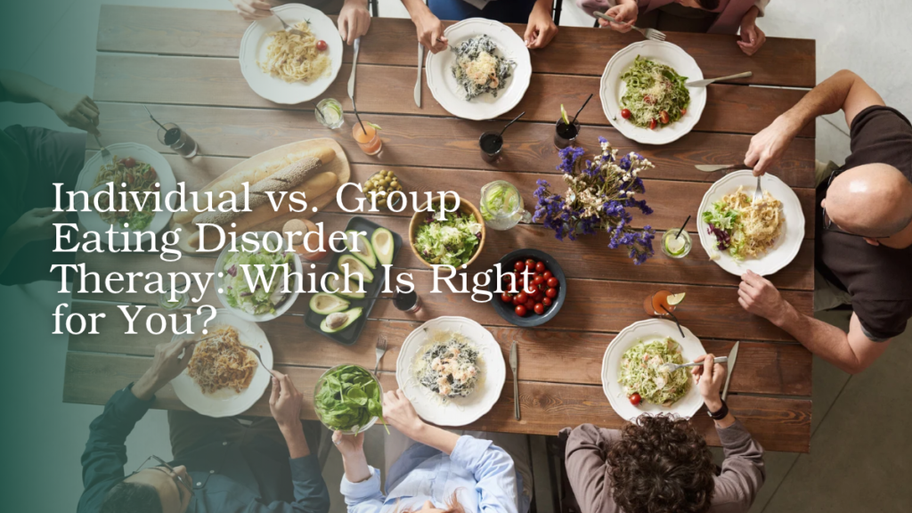People sharing a meal around a dining table, illustrating group support and connection during eating disorder recovery.